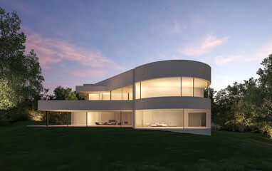 Modern architecture design featuring a sleek house surrounded by trees during twilight