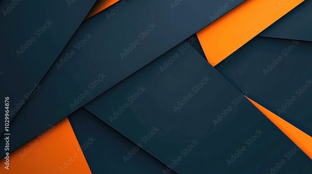 Poster green and orange angular shapes, intersecting over a dark blue abstract background, creating a sleek