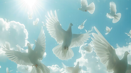 Image of white doves in the sky as a peace and spiritual symbol of Christian people