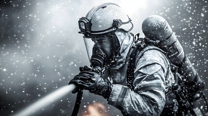 Fototapeta premium Courageous firefighter wearing protective gear and helmet operating a high pressure water hose to extinguish a raging fire at night