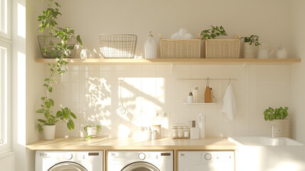 Bright and airy laundry room featuring modern appliances, wooden countertops, and decorative plants. space is organized with baskets and jars, creating serene atmosphere
