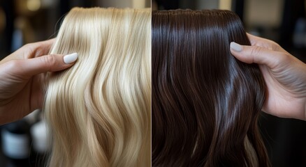 Fototapeta premium Professional Hair Extension Application, Blonde and Brown Hair Color Comparison Generative AI