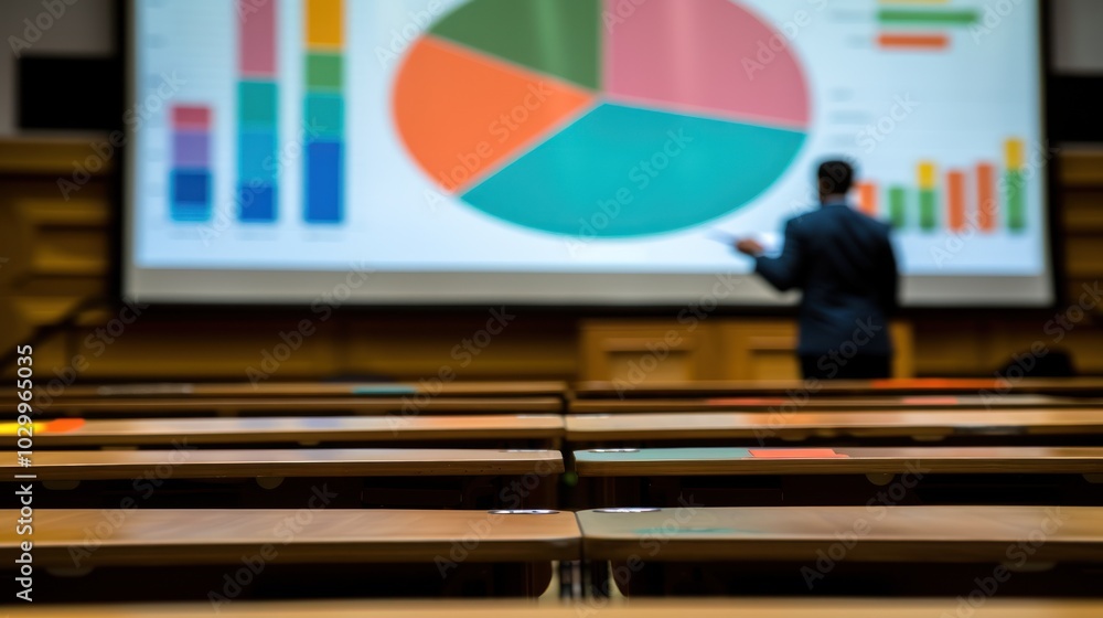 Poster a businessman presenting a pie chart and bar graph data on a screen in a conference room
