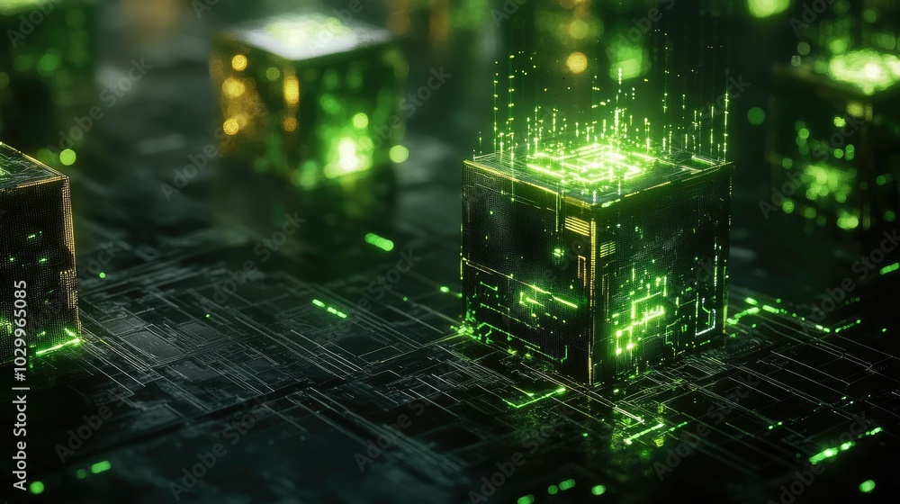 Poster green cubes glowing softly, interconnected by thin lines, symbolizing data connections in a digital 