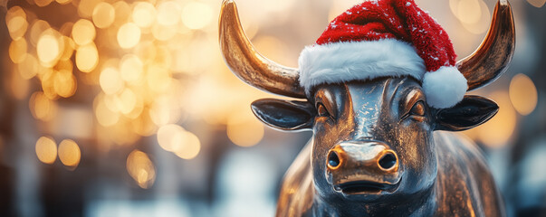 Bull statue with Santa hat and stock market as background. Christmas on stock exchange concept. Banner with copyspace. shallow depth of field.