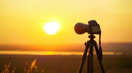 Trendy Camera on Tripod Capturing Sunset Beauty