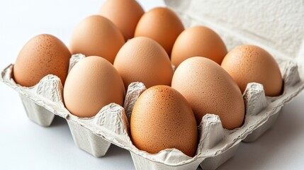 Close-up of brown eggs in a cardboard carton.