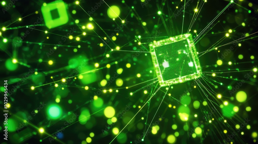 Poster green glowing cubes linked by thin lines, symbolizing data transfer and network connections in an ab