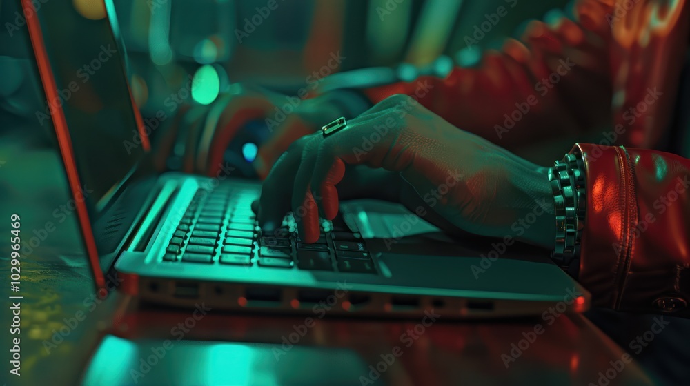 Poster close-up of a hand typing on a laptop keyboard in a low-light environment