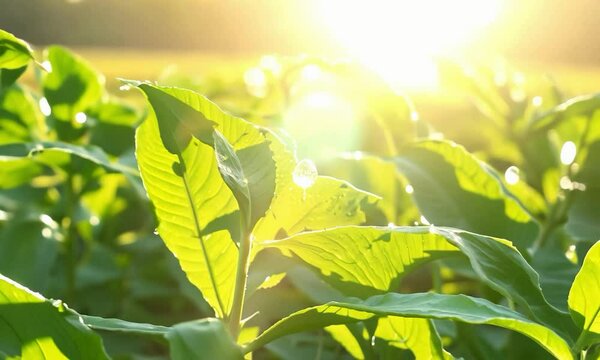 a close-up of dewdrops on a field of green beans, with bright early morning light illuminating the droplets. It then zooms out to show the entire green bean patch