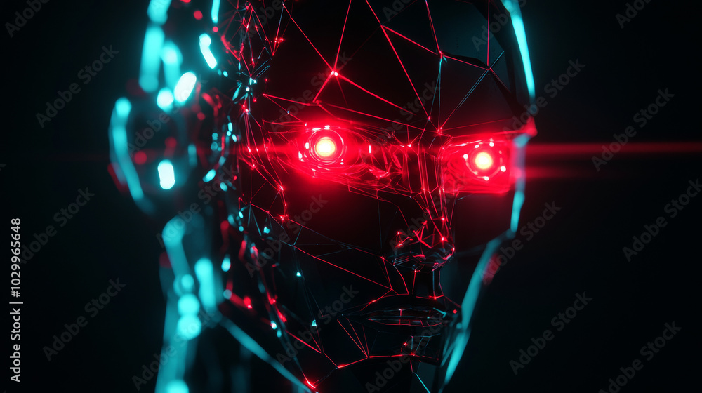 Poster a menacing robot with glowing red eyes, a symbol of the dangers of artificial intelligence. this cyb