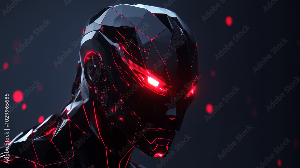 Poster a menacing robot with glowing red eyes, a symbol of the dangers of artificial intelligence. this cyb