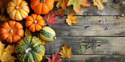 Fototapeta premium Autumnal Pumpkins and Fall Leaves on a Rustic Wooden Background Perfect for Thanksgiving or Fall Decor Light Gradient Background with Room for Typography