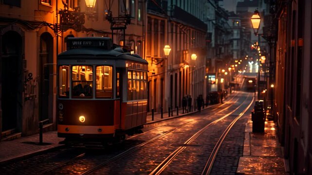 A vintage tram car travels down a cobblestone street in Lisbon, Portugal, illuminated by streetlights, Old-fashioned trolleys clattering down cobblestone streets