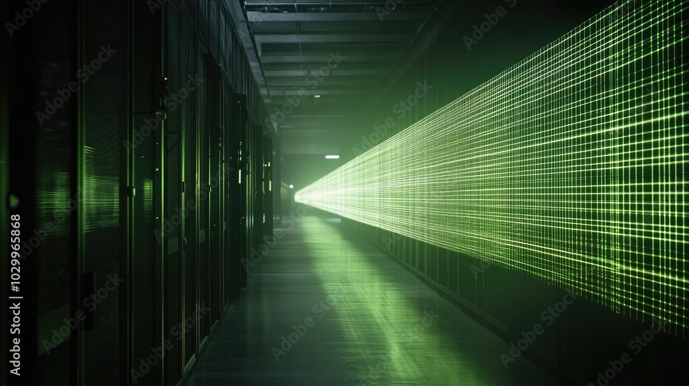Poster green glowing cubes linked by thin lines, symbolizing data transfer and network connections in an ab