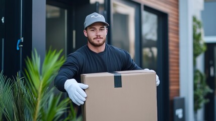 Young Australian delivery company worker moving furniture in white gloves Generative AI