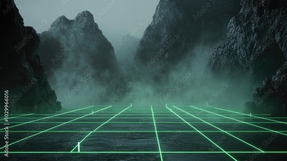 Poster green lasers intersecting in a grid pattern, set against a fog-filled, dark background with a futuri