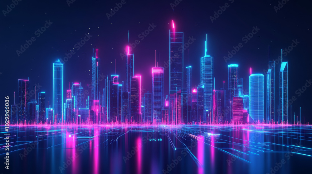 Poster a futuristic city with simple 3d shapes, showcasing an automated system for smart buildings. this de