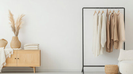 A cozy and minimalist interior featuring clothing rack with neutral toned sweaters, wooden cabinet, and decorative elements like woven basket and dried plants. serene atmosphere invites relaxation and