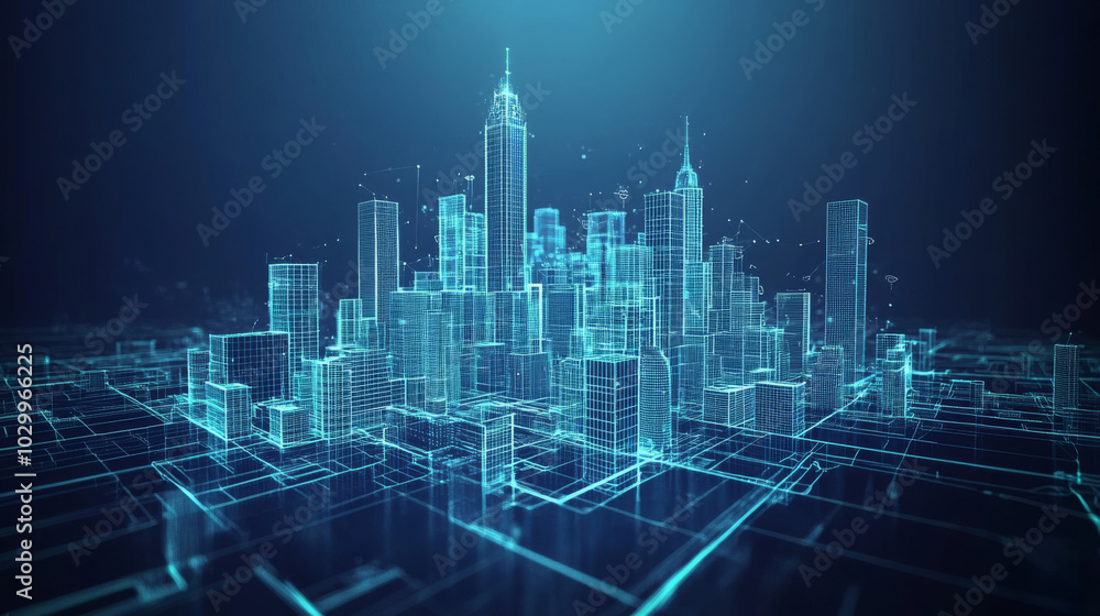 Poster a futuristic city with simple 3d shapes, showcasing an automated system for smart buildings. this de