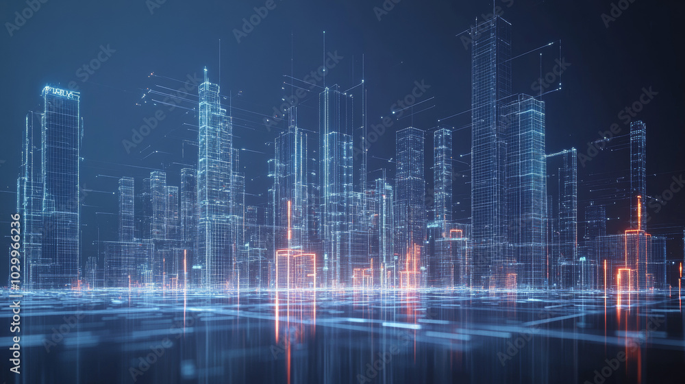 Poster a futuristic city with simple 3d shapes, showcasing an automated system for smart buildings. this de