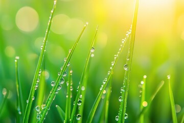 Close-up of dew drops on green grass blades with a sunlit background.