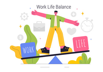 Work Life Balance Vector Illustration of a Person Balancing Job, Family and Leisure Activities in a Multitasking Flat Style Cartoon Background