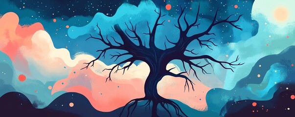 Neuron brain overwhelmed by cloudy thoughts, stress environment, mental health and psychology, flat design illustration