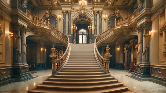 A sweeping grand staircase with ornate railings inside a palatial building, Opulent palaces with sweeping staircases