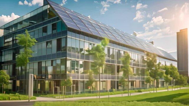 Modern Office Building With Solar Panels in Sunny Daytime, Paint a picture of a modern office building with a fa&Atilde;&sect;ade covered in photovoltaic panels for renewable energy generation