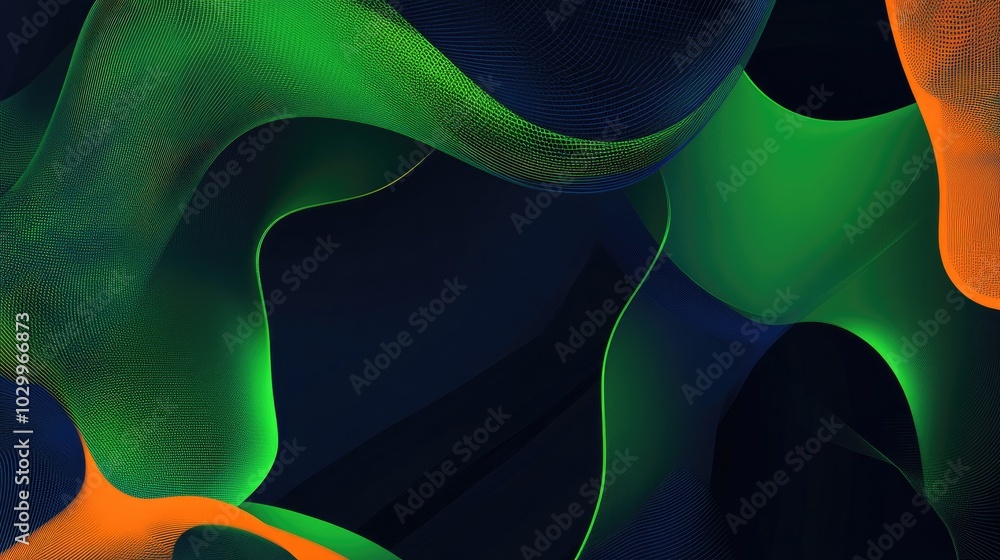 Poster modern abstract design with green and orange overlapping shapes on a dark blue canvas, creating a pr