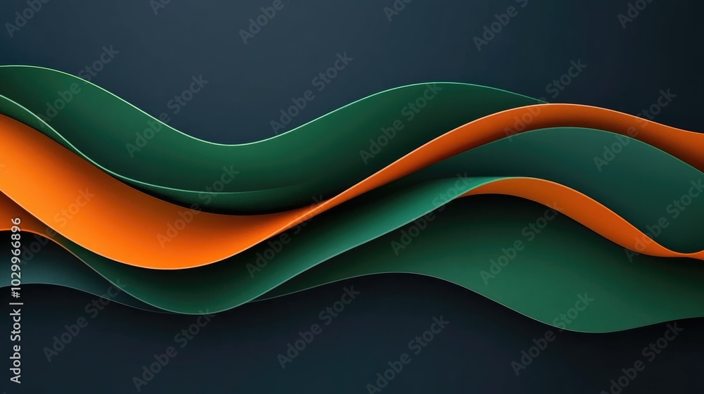 Poster modern abstract design with green and orange overlapping shapes on a dark blue canvas, creating a pr