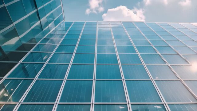 Modern Office Building Facade With Blue Glass Panels Under a Cloudy Sky, Paint a picture of a modern office building with a fa&Atilde;&sect;ade covered in photovoltaic panels for renewable energy generation