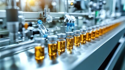 Closeup of glass vials filled with a golden liquid moving on a stainless steel conveyor belt in a pharmaceutical factory.