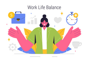 Work Life Balance Vector Illustration of a Person Balancing Job, Family and Leisure Activities in a Multitasking Flat Style Cartoon Background
