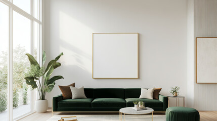 A modern living room featuring green velvet sofa, decorative pillows, and large blank canvas on wall. space is bright and airy, with stylish coffee table and indoor plants adding touch of nature