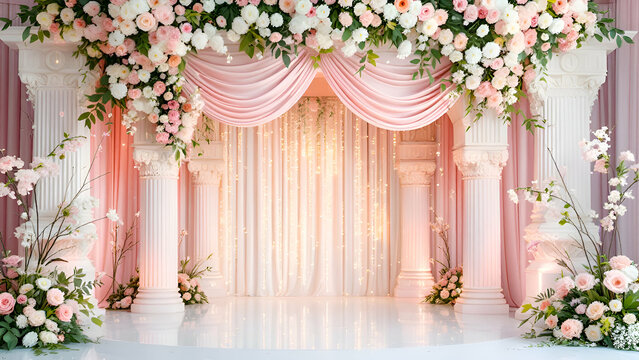 A wedding ceremony backdrop with white columns adorned with pink flowers, a flowing pink drape, and delicate string lights, creating a romantic and elegant atmosphere.