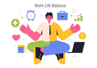 Work Life Balance Vector Illustration of a Person Balancing Job, Family and Leisure Activities in a Multitasking Flat Style Cartoon Background