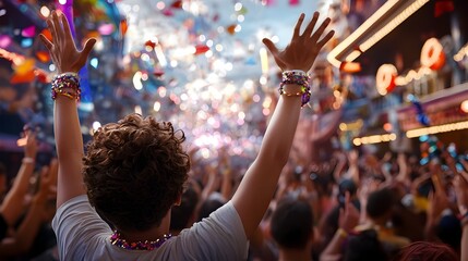 Vibrant outdoor festival setting with a bustling crowd colorful lights and festive the excitement energy and communal spirit of the celebratory event  The image showcases a technology infused