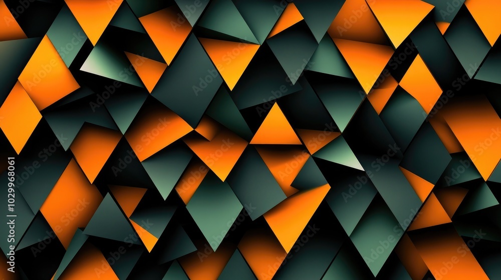 Poster orange and green triangular patterns, layered over a dark blue abstract background for a sharp, wide