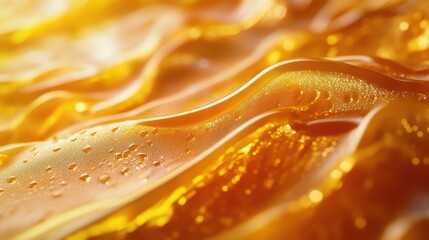 Close-up of golden liquid with dew drops and blurred bokeh.