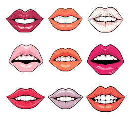 Obraz premium Vector illustration of various lips with teeth in different expressions. Ideal for beauty, fashion, and character designs. Generative AI.