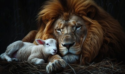 Fototapeta premium Lion and lamb in a tender embrace