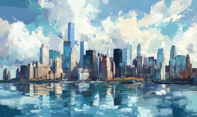 Fototapeta premium View of modern cityscape with hudson river and skyscrapers, new york city, united states.