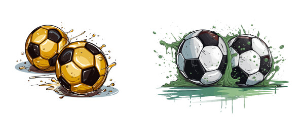 Vector illustration of soccer balls splashed with golden and green liquid. Perfect for sports, creative, or dynamic-themed designs. Generative AI.