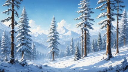 Naklejka premium Serene winter landscape with snow-covered mountains and pine trees under clear blue sky