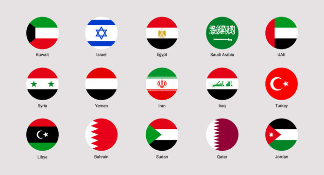 Eastern states flags vector illustration. Asian countries isolated rounded icons. official national flags set with state name. Israel, UAE, Saudi Arabia, Turkey, Egypt simple button badges collection