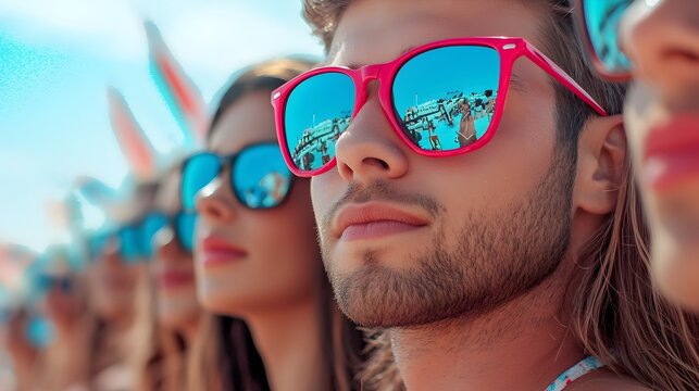 Vibrant outdoor festival with a group of joyful friends wearing stylish sunglasses and enjoying the sunny summer vibes and Monochromatic color scheme with a robotic tone and a side view focus
