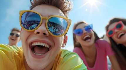Joyful Young Friends Laughing and Enjoying a Colorful Outdoor Festival with Futuristic Tetradic Color Scheme under the Bright Shining Sun Top View with Space for Text