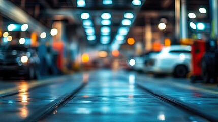 Blurred factory floor with cars. This image can be used for showcasing automotive production or industrial themes.